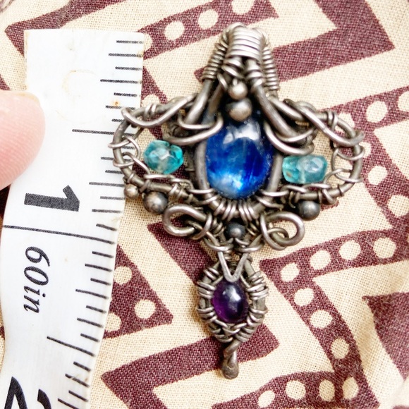 Handmade Kyanite, Gem Silica Chrysocolla, Amethyst Sterling Silver Pendant - Picture 3 of 4